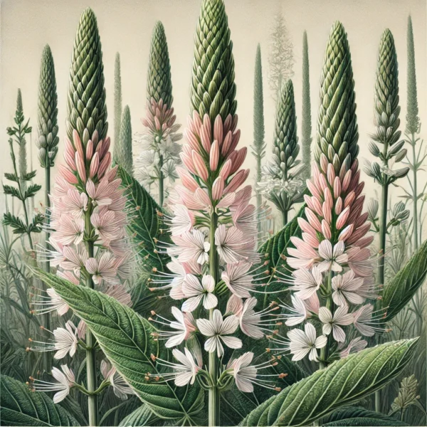 detailed botanical illustration inspired by the uploaded image of Culver's Root (Veronicastrum virginicum), showcasing its elongated, tapering flower spikes, pale pinkish-white blooms, and upright growth habit.