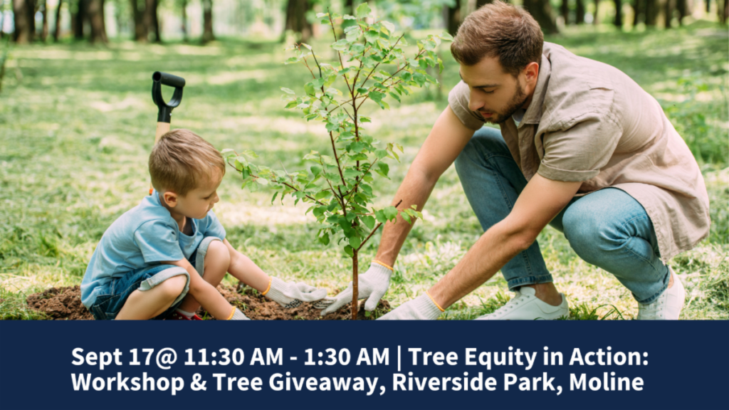 Advertisement from U of I extension for tree workshop. Man and boy planting a tree. 