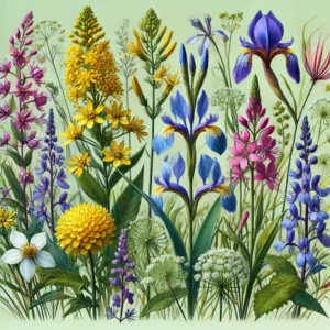 Drawing of pink purple, yellow and blue wildflowers - AI generated