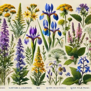 A drawing of spiky yellow and purple flowers with pink, purple and blue wildflowers - AI generated