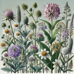 A-detailed-botanical-illustration-featuring-a-composite-of-Midwestern-wildflowers-and-native-plants-in-full-bloom