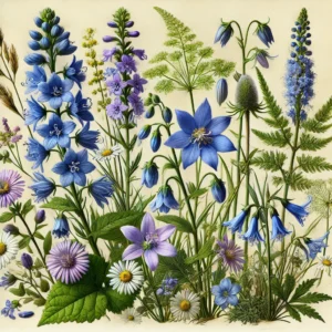 A-detailed-botanical-illustration-featuring-a-selection-of-Midwestern-wildflowers-and-native-plants-in-full-bloom - many blue and light purple flowers