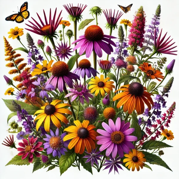 Colorful native Midwestern flower illustration with rudbeckia, coneflowers and others.