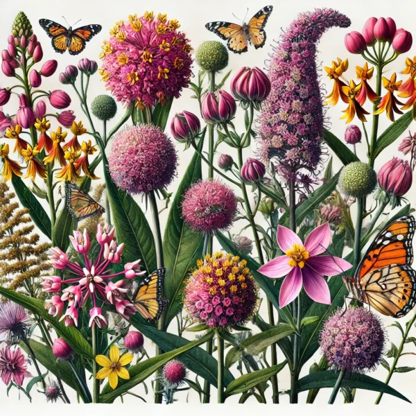 A-detailed-botanical-illustration-featuring-a-composite-of-Midwestern-wildflowers-in-full-bloom. Pinks, yellow, orange and monarch butterflies