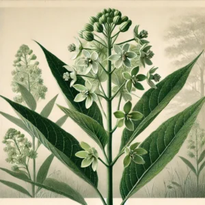 A-detailed-botanical-illustration-of-Poke-Milkweed-_Asclepias-exaltata_-a-shade-loving-wildflower-native-to-North-America. Light green with white clustered flowers.