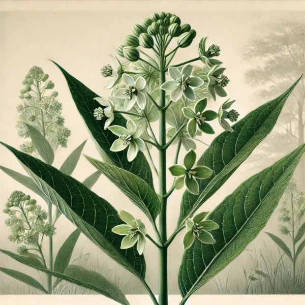 A-detailed-botanical-illustration-of-Poke-Milkweed-_Asclepias-exaltata_-a-shade-loving-wildflower-native-to-North-America. Light green with white clustered flowers.