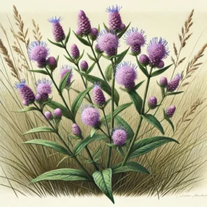 Light purple fluffy flowers on the tips of green foliage of the Button Blazing Star.