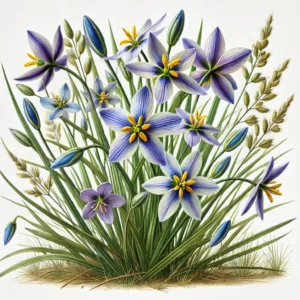 Light blue, iris-like small flower blooms on grass-like stems.