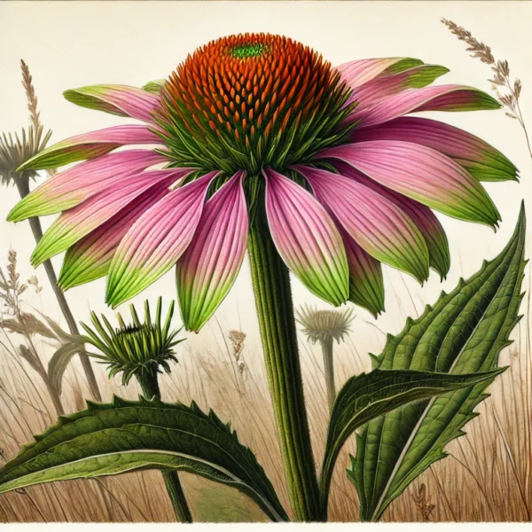 Illustration of a coneflower with green and pink petals with cone-like center.