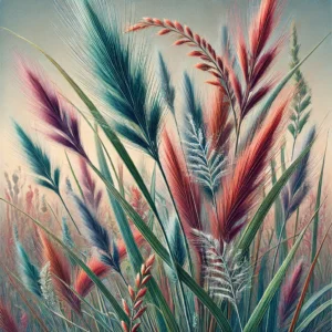 detailed botanical illustration of Schizachyrium ‘Standing Ovation’, showcasing its blue-green foliage transitioning to red, purple, and copper in fall, along with delicate feathery seed heads